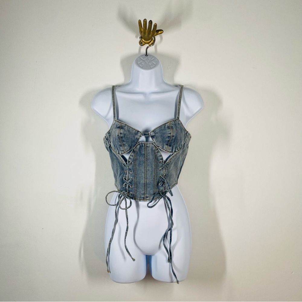 PrettyLittleThing Denim Lace-Up Tank Top - Picture 2 of 10